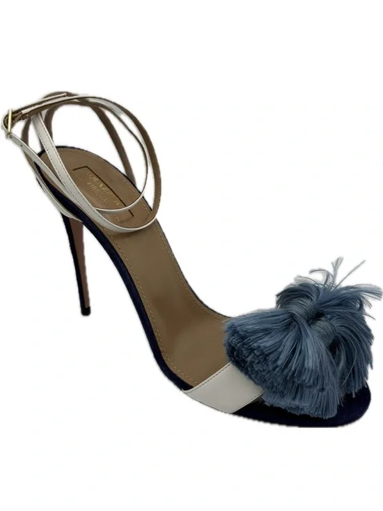 Aquazzura Wild Thing Bow Fringed Sandal Heels in Blue Suede - Picture 1 of 4